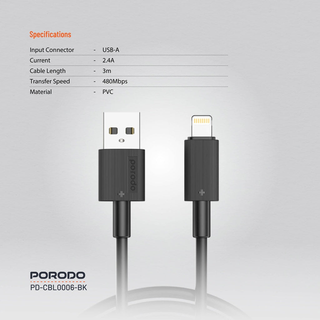 PD-CBL0002-BK , Porodo USB-A to Lightning Durable Charging Cable - Black PD-CBL0002-BK , Porodo USB-A to Lightning Durable Charging Cable - Black